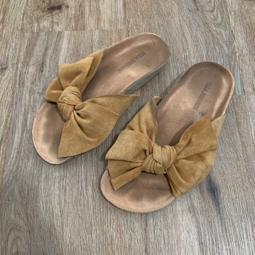 Ulla Johnson Ingrid knotted bow suede leather slides in tan - size 40 womens